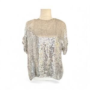 RINA Z  Rare Woman’s 80s Vintage 100% Silk Silver Sequin Blouse Top size M